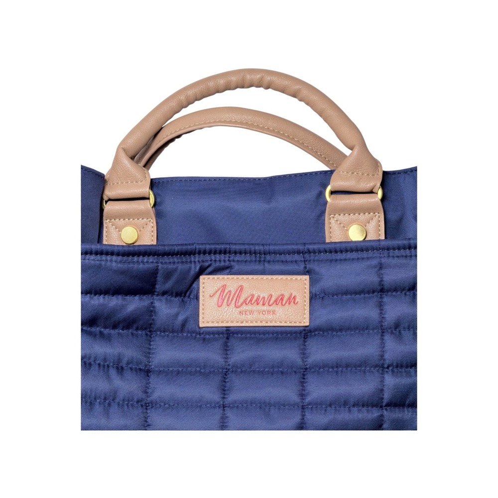 Maman New York Designer Quilted Diaper Bag w/Changing Pad Blue w/tan details - Picture 4 of 9